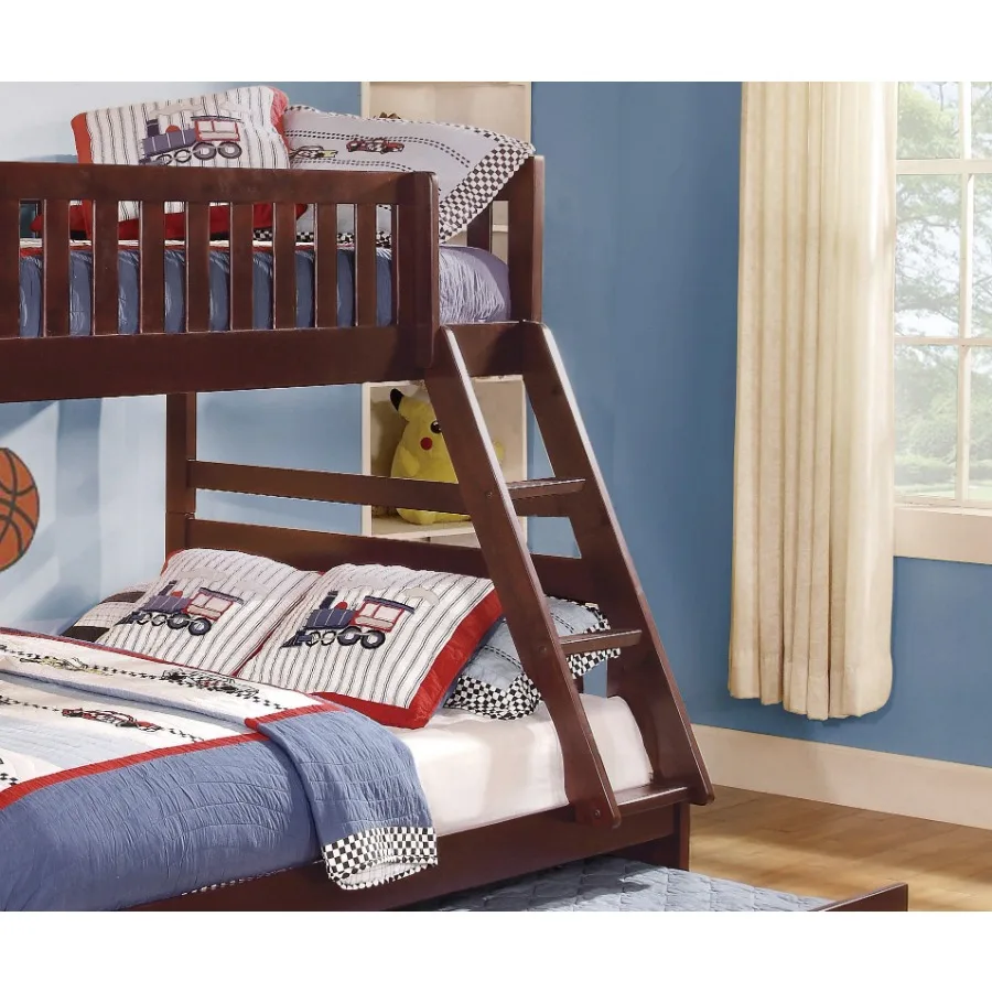 1pc Twin/Full Bunk Bed with Twin Trundle Dark Cherry Finish Wooden Bedroom Furniture