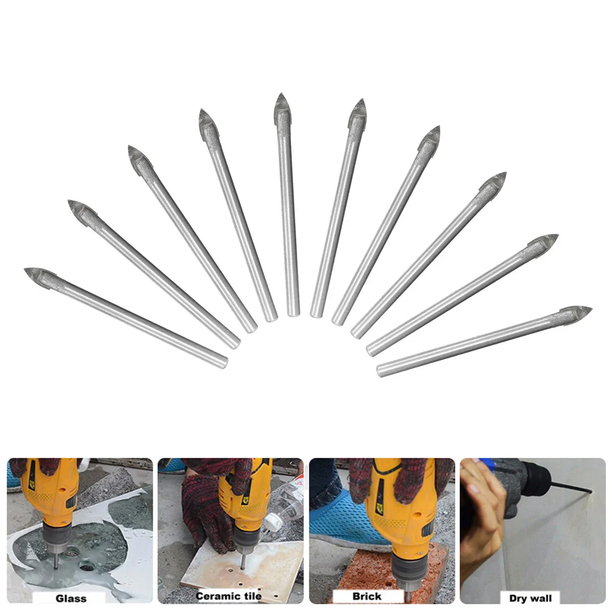 

10 шт., 6 мм, сверло из сплава, усиленная головка для керамической плитки, инструменты для сверления отверстий в стекле, треугольная дрель для стекла, керамические сверла