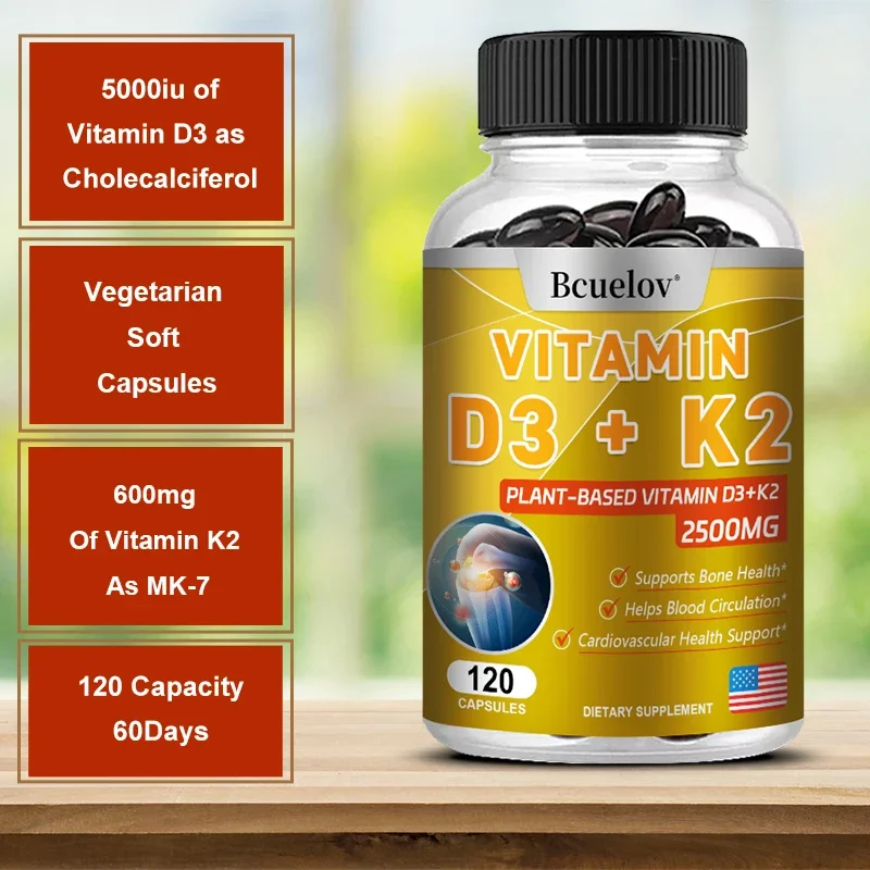 Bcuelov วิตามิน D3 K2 Softgels, 2-1 Complex, Vitamin D3 5000 IU และวิตามิน K2 MK7สำหรับหัวใจ, กระดูกและฟันกลืนง่าย