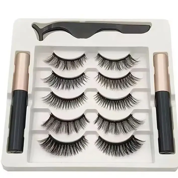 5 Paar Magnetische Wimpern Set, Natürliche Falsche Wimpern mit Eyeliner, Dramatisches Volumen, Dicke Synthetische Augenwimpern für Make-up