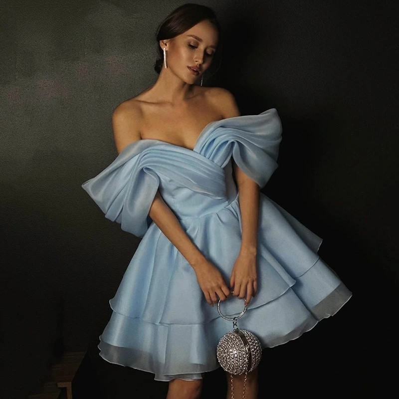 Sky Blue Prom Dress Off The Shoulder Organza Party Gowns Midi Tea Length Formal Pleats Evening Dress 2026 Customized