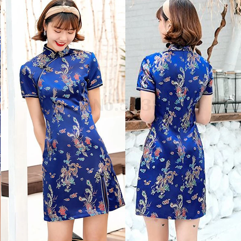 Novelty Satin Chinese Dress Women Vintage Classic Mandarin Collar Short Cheongsam Vestidos Big Size 3XL Qipao Evening Party Gown