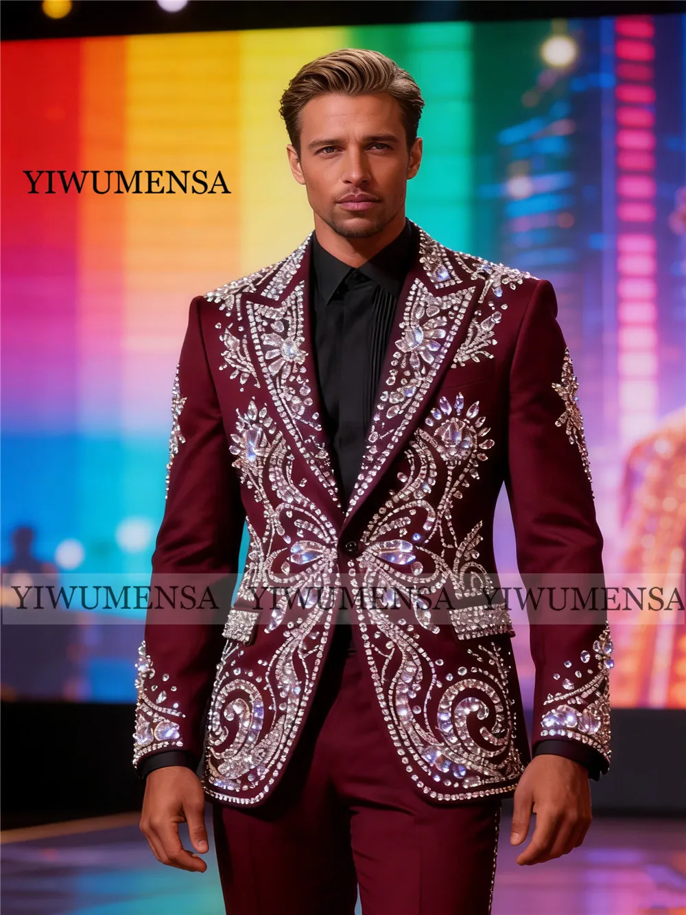 

Металлические ювелирные камни и декор для мужского костюма: однобортный пиджак и брюки, комплект из 2 предметов, свадебный смокинг для жениха, индивидуальный пошив мужской одежды