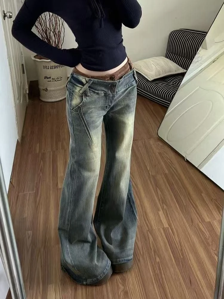 

HOUZHOU Vintage Bootcut Jeans Korean Y2k Patchwork Low Waist Washed Flare Jeans Sexy Spicy Girl Grunge High Street Denim Pants