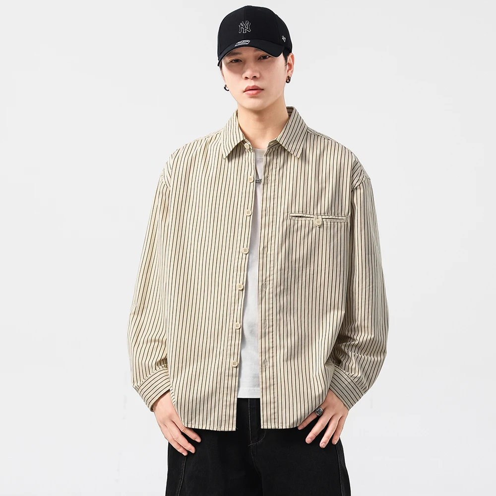 

Commuter Vintage Stripe Business Casual Shirt Men Streetwear Fashion Loose Long Sleeve Oversize Pure Cotton Cargo Shirts Blouses