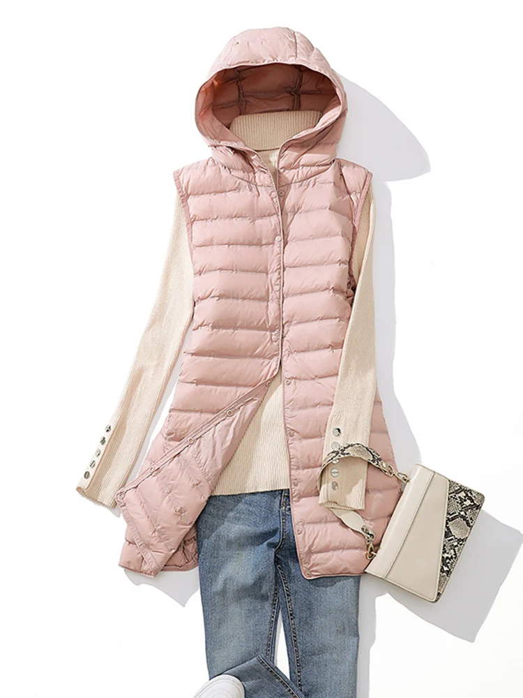 Winter-Entendaunenweste für Damen, ultraleicht, dünn, lange Kapuzenjacken, schmale Weste, lässige Basic-Parkas