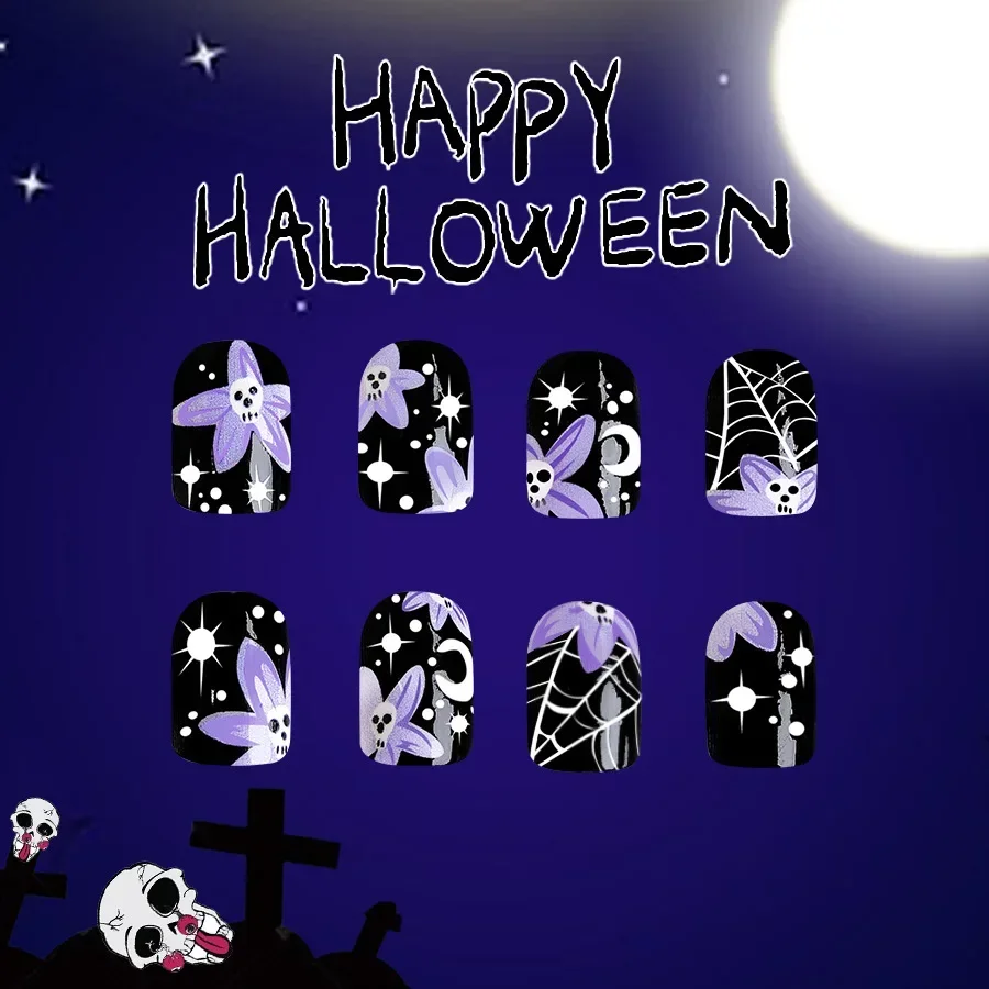 Uñas postizas de Halloween para mujeres y niñas, 24 piezas, brillantes, estrellas, Luna, telaraña, Cráneo de terror, negro