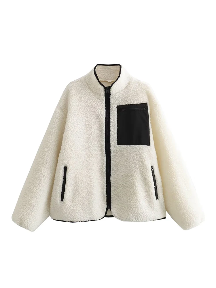 

Winter Women Vintage Oversize Contrast Teddy Fleece Jacket Warm Coat