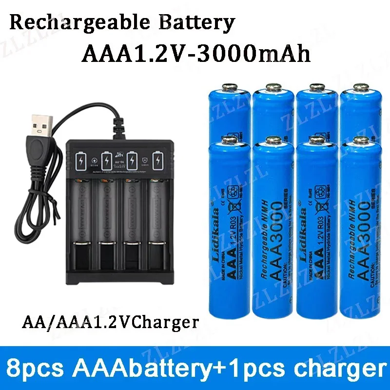 NEW High Quality 1.2V Rechargeable Battery, AAA3000mAh Battery+charger, Alkaline Technology, for Remote Control, Toys/computer