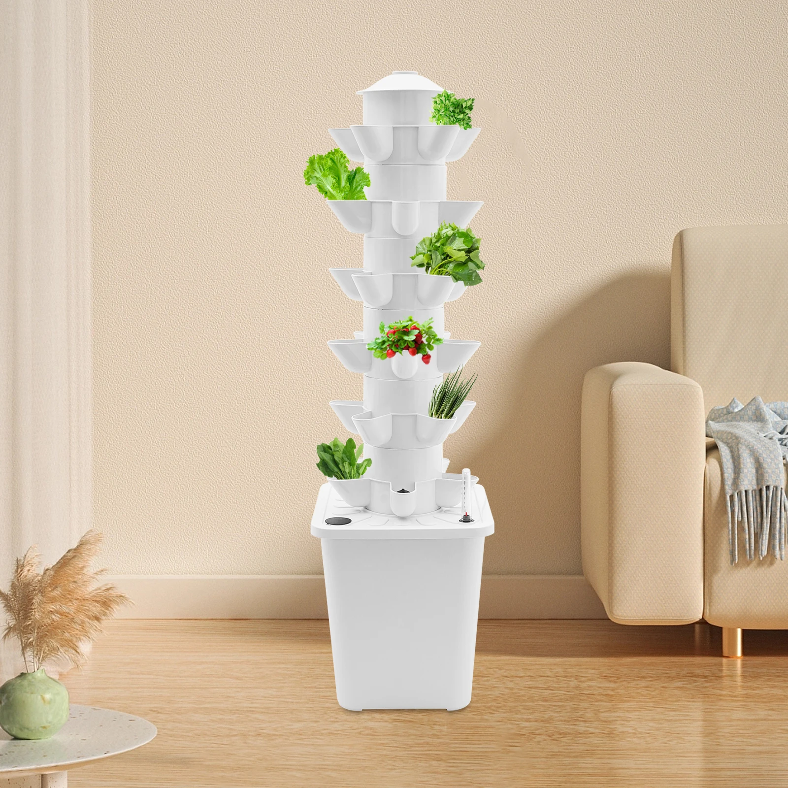 Kit de culture hydroponique, système de jardinage vertical d'intérieur à 6 niveaux et 30 trous avec pompe à eau, pour la culture de fraises, de laitues et d'herbes aromatiques