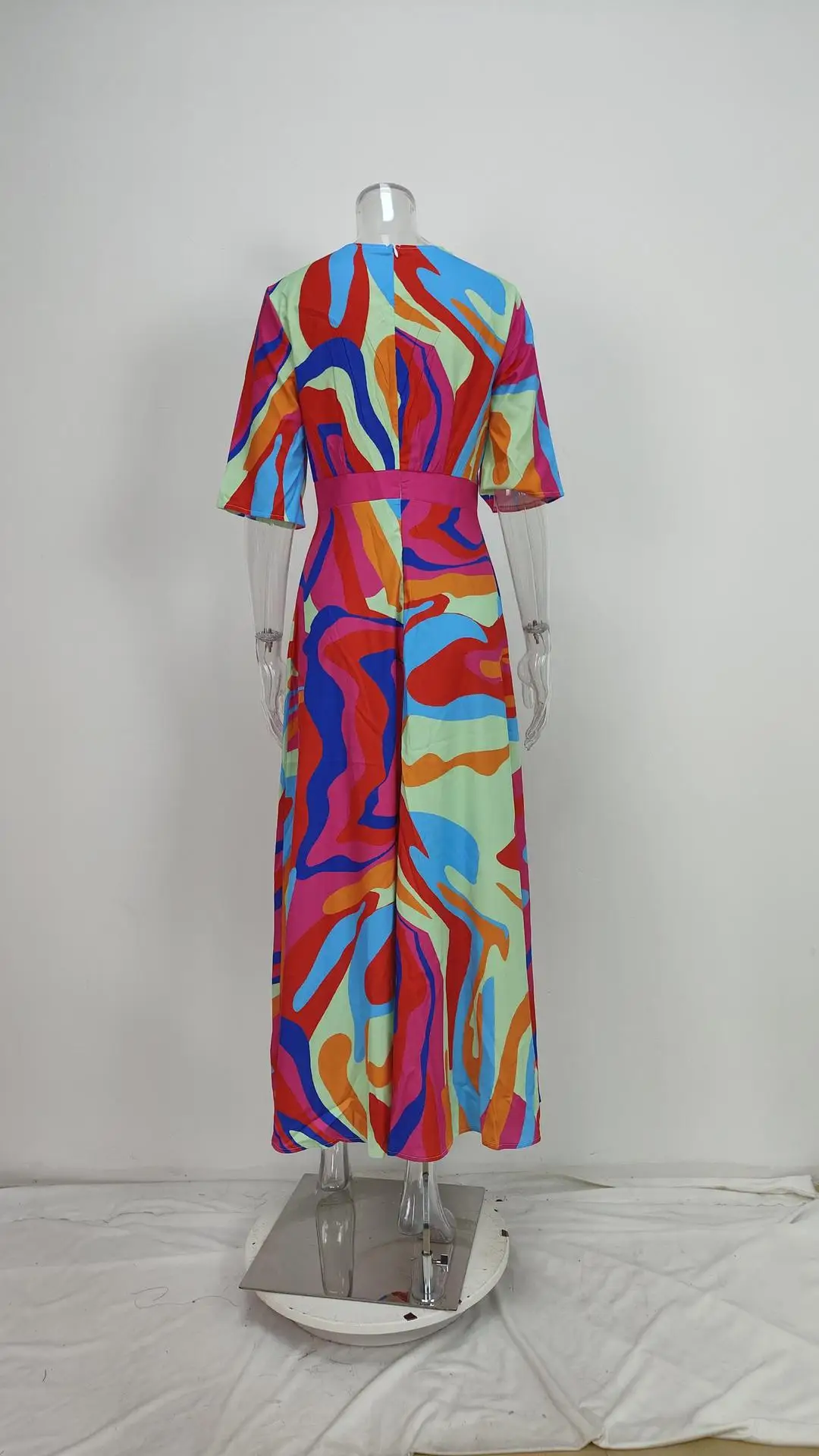 Frühling Sommer Frauen Mode V-ausschnitt Belted Party Langes Kleid Kurzarm Tasche Femlae Urlaub Übergroßen Lose Druck Maxi Kleider – Detail 7