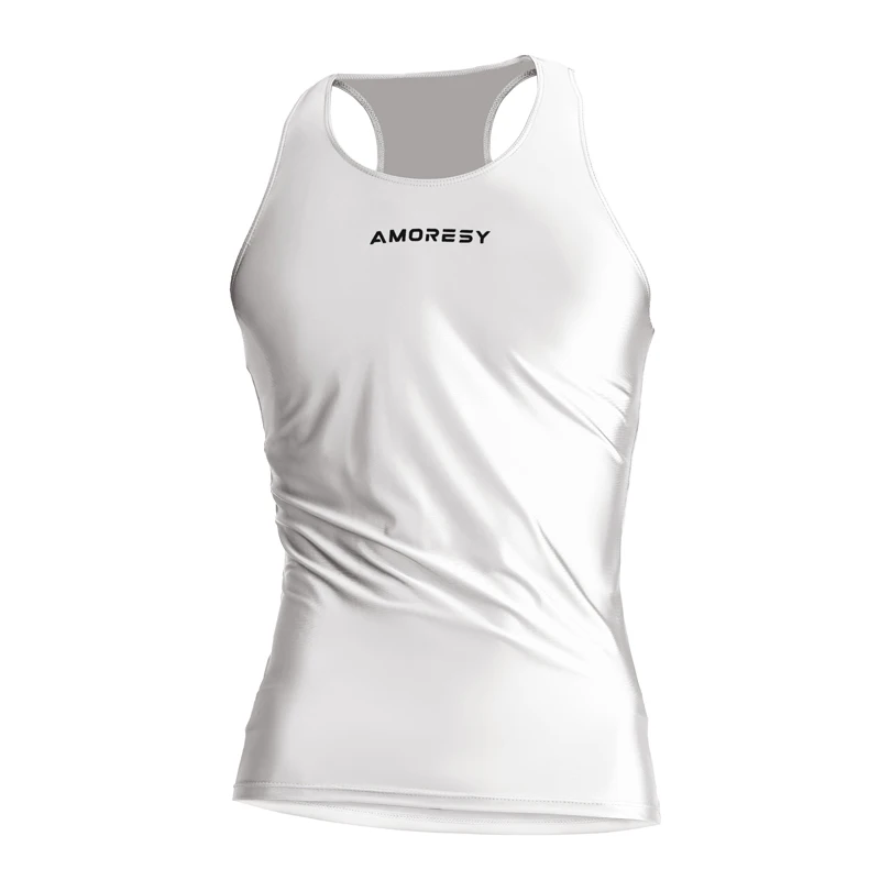 AMORESY Summer Men Shiny Glossy Spandex Sports Sleeveless Tights Vest Breathable Smooth Pullover Running Fitness Tops Undershirt