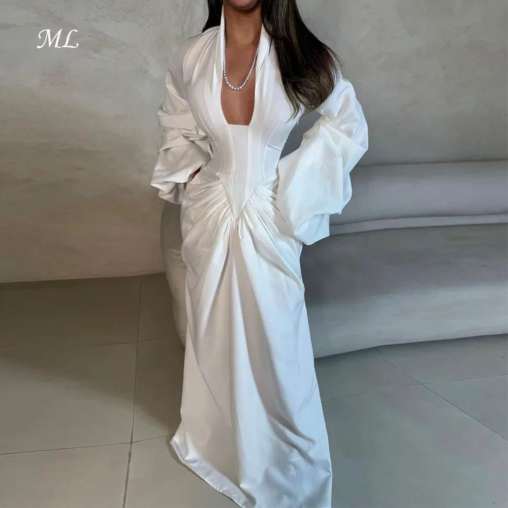 

ML Customized Modern Wedding Dress Full Sleeves Pleated Ivory Chiffon Sweep Train A-Line Simple Bridal Gown vestidos de novia