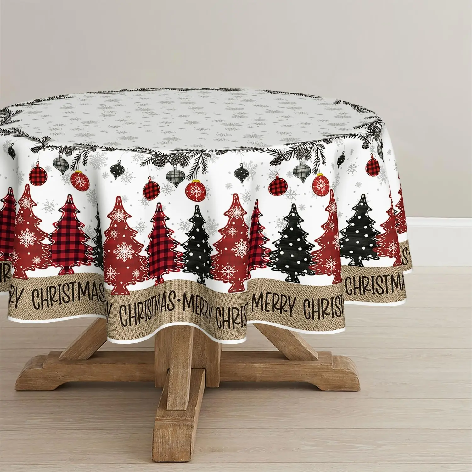 Christmas Round Tablecloth Christmas Ball Decorations Pine Snow Washable Tablecloth Suitable for Party Picnic Dinner Decoration