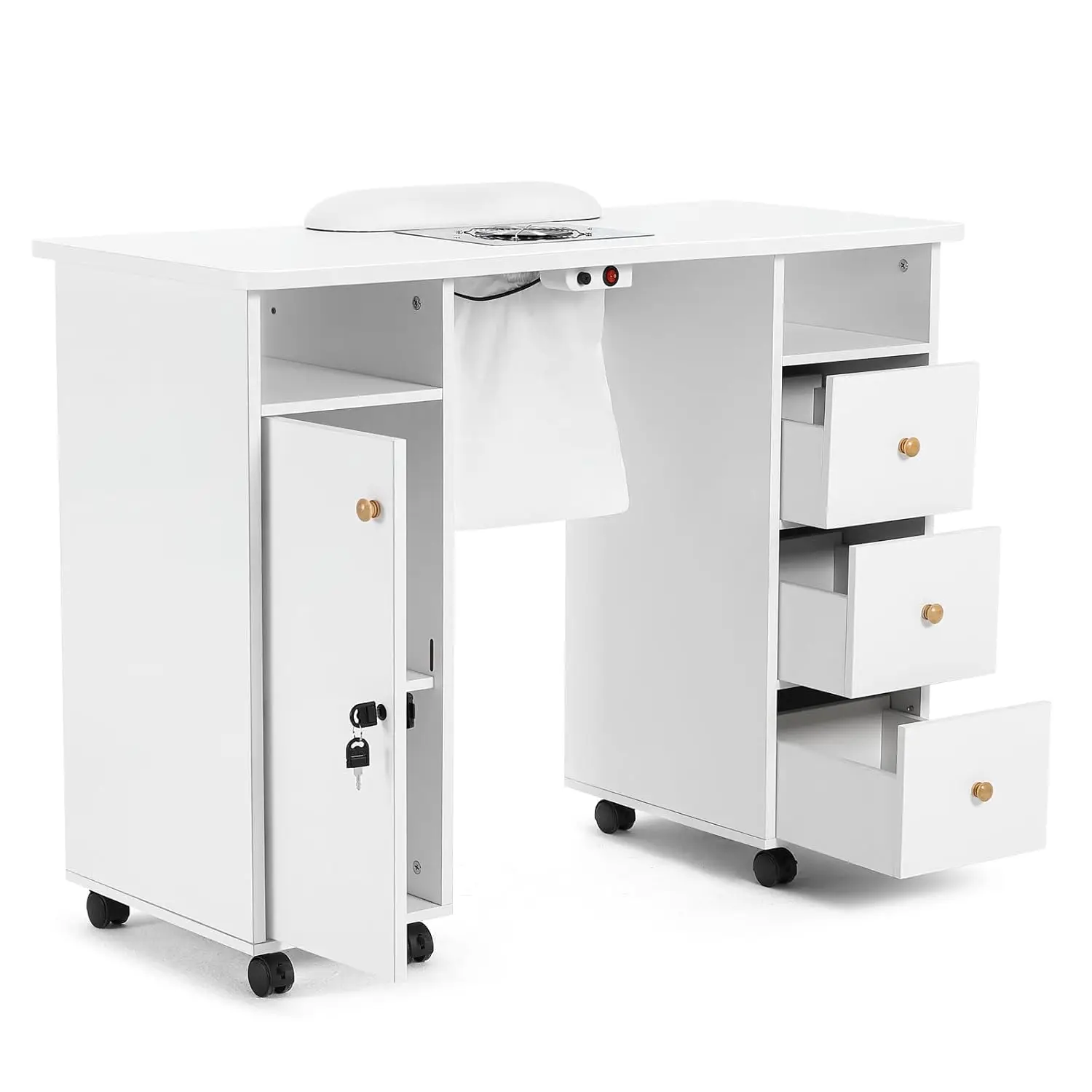 

Artist hand Manicure Table, Nail Table, Nail Beauty Manicure Desk, Wrist Cushion, Lockable Wheels, Storage Drawers, Electric Dow