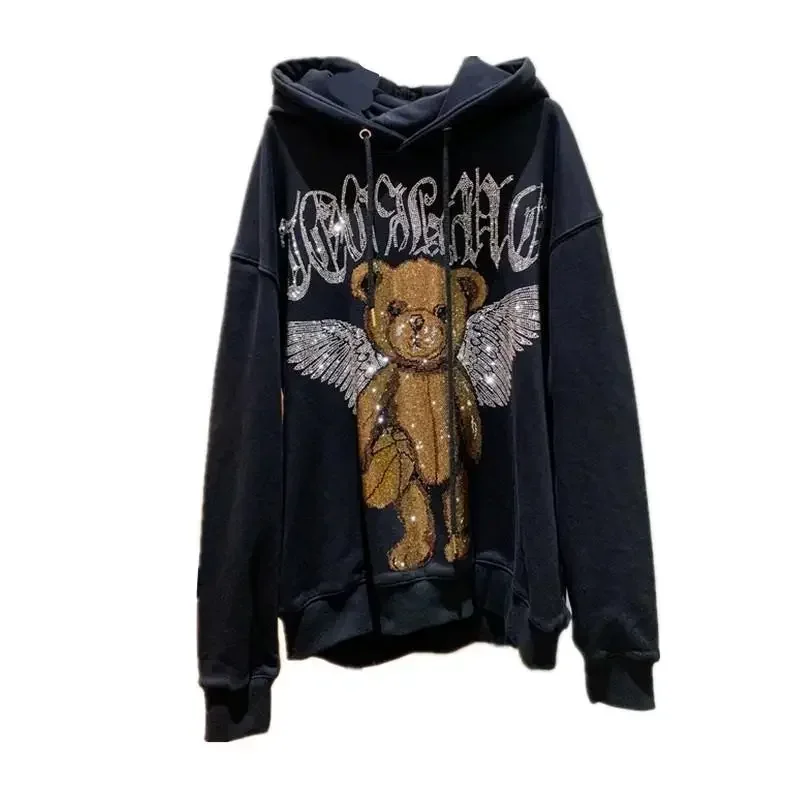 2022 Autumn Winter New Bear Rhinestone Loose Street Tide Brand Sweatshirts Women Fashion Oversized Pullover Black Hoodie Coat