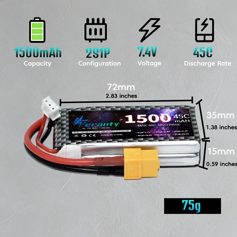 2PCS Teranty V2.0 1500mAh 7.4V 11.1V 14.8V Lipo Battery For RC Helicopter Cars Excavator Boat Battery
