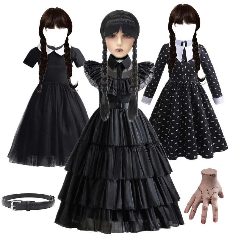 Wednesday Addams Costumes for Girls 2024 New Birthday Vestidos Gothic Black Mesh Dress Easter Cosplay Halloween Costume for Kids