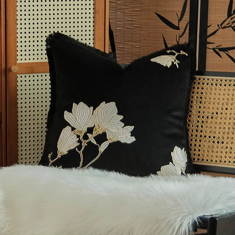 Luxury Modern Vintage Cushion Cover 45x45cm 50x50cm Black Jade Orchid Embroidered Pillow Case for Sofa High-End Home Decor