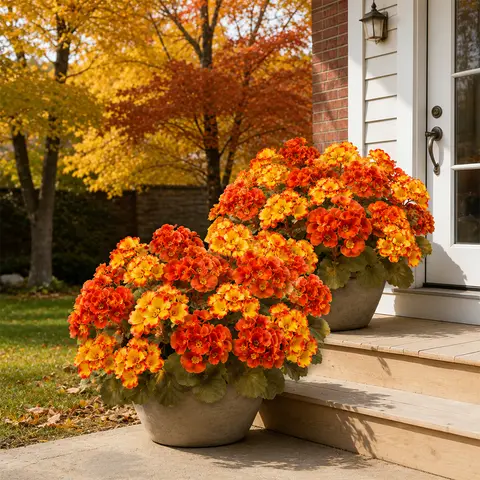 6pcs Artificial Fall Geranium Flowers Yellow Orange Faux Silk Begonia Fake Flower for Autumn Outdoor Home Garden Patio Porch Decor, Thanksging Decorations