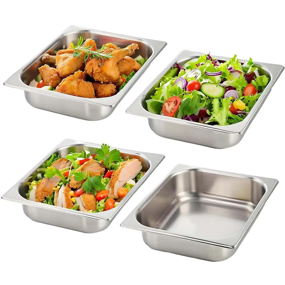 

4 Pa 1/2 Half Size Steam Table Pans, 4"" Deep Stainl Steel Square Hotel Pan Warmer Breading Tray Buffet Catering Food Pan,