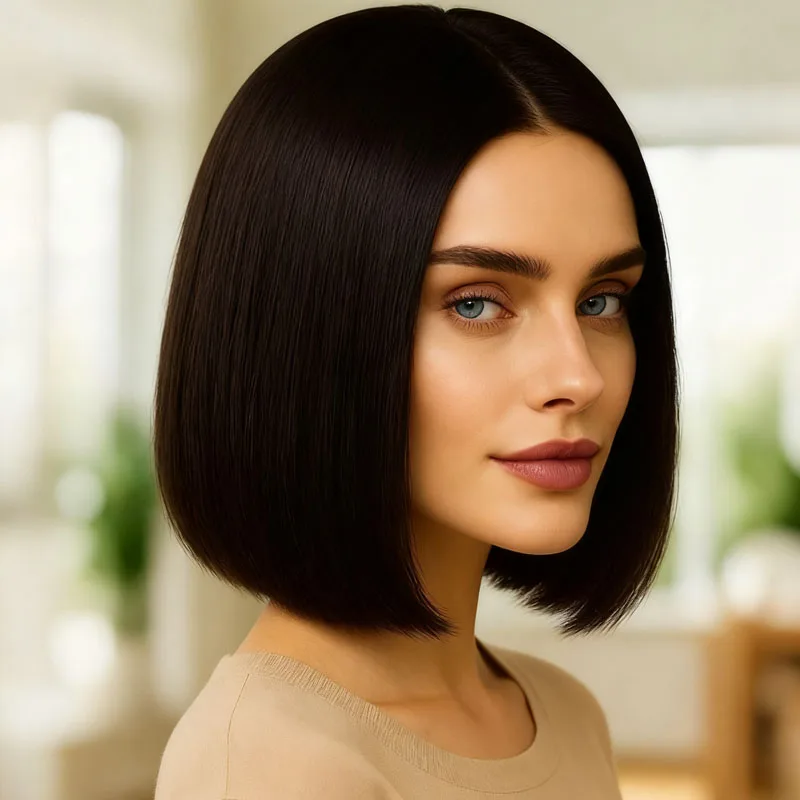 

Women's 12 inch black straight bob wig, elegant, soft, heat-resistant synthetic fiber, suitable for all women at Easter parties