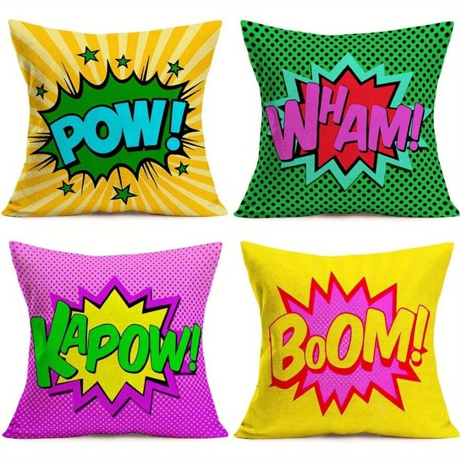 Juego de 4 fundas de almohada de estilo Pop Art con diseño de cómic, fundas de almohada decorativas con dibujos de superhéroes, 45x45cm, para habitación de niños y niñas