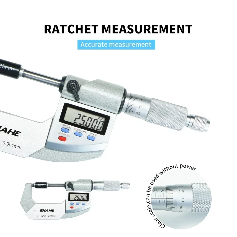 Shahe IP65 Waterproof 25-50 mm Outside Micrometer Electronic 0.001 mm Micron Outside Micrometer Caliper Gauge