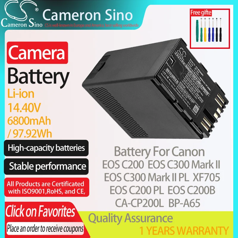 

CameronSino Battery for Canon EOS C200 EOS C200 PL EOS C200B EOS C300 Mark II CA-CP200L XF705 fits Canon BP-A65 camera battery