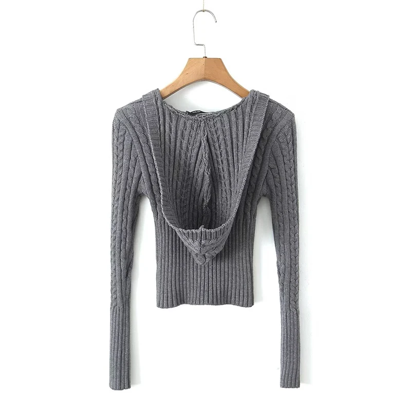 YENKYE-Pull à capuche en tricot torsadé monochrome pour femme, pull vintage, manches longues, pull court mince, gris, pull blanc, automne, nouveau