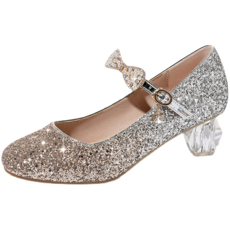 Princess Kids Leather Shoes for Girls Rhinestones Casual Glitter Children High Heel Girls Wedding Party Shoes Bow Pink Silver