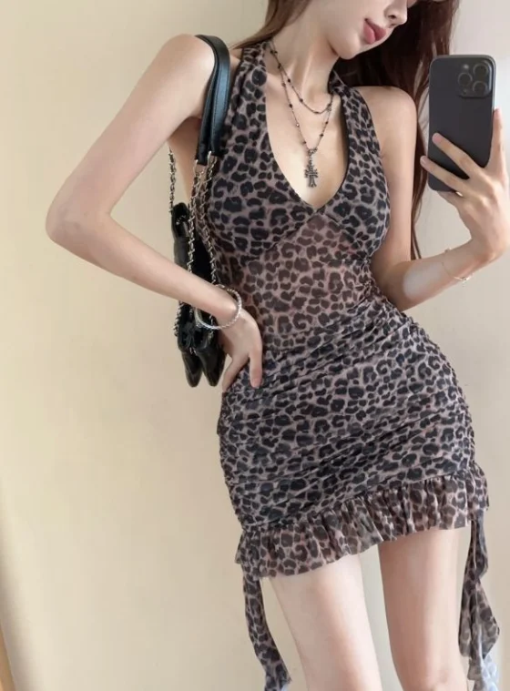 

Leopard print backless camisole dress, women's irregular hip hugging dress, summer sexy tight fitting high waisted dress