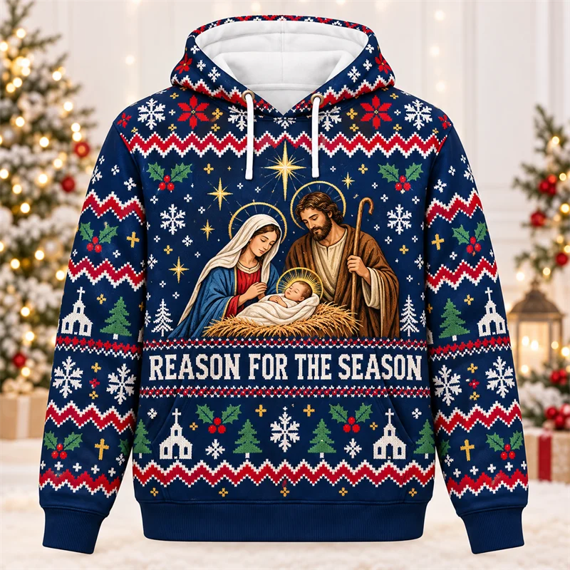 Vintage Xmas Hoodie Nativity Scene Angel Cross 3D Printed Ugly Sweater Winter Sweatshirt Casual Holiday Long Sleeve Hoodies Coat