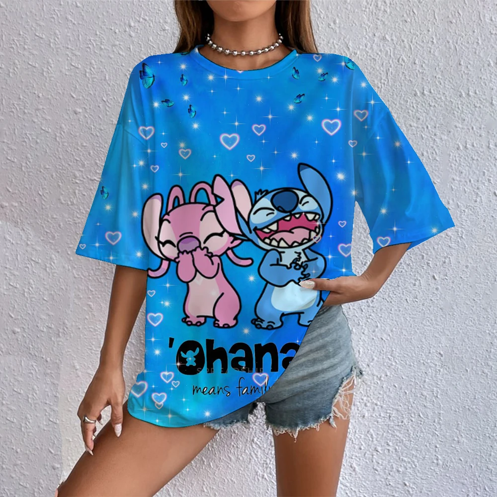 2025 Kawaii ليلو ستيتش طباعة تي شيرت بلايز للنساء سيدة الصيف الأطفال تي شيرت عادية س الرقبة أوهانا غرزة ديزني تي شيرت