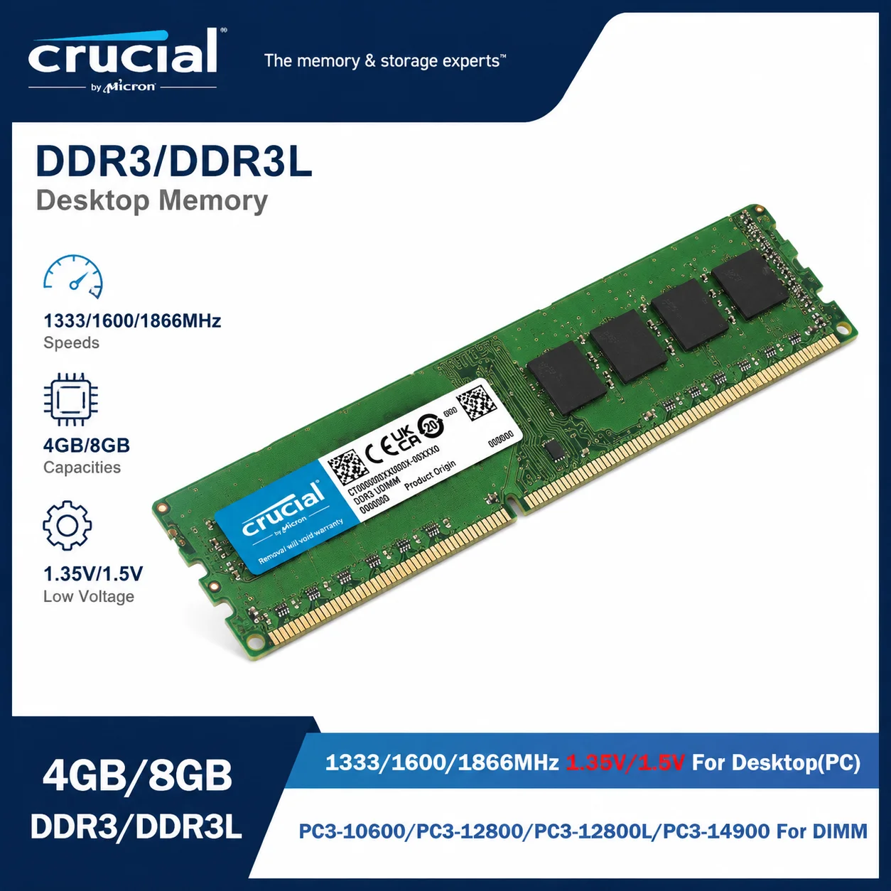 Crucial DDR3 DDR3L RAM 4GB 8GB 1333MHz 1600MHz 1866MHz 240Pin DIMM UDIMM Desktop Memory PC3 PC3L 1.35V 1.5V RAM for PC Computer