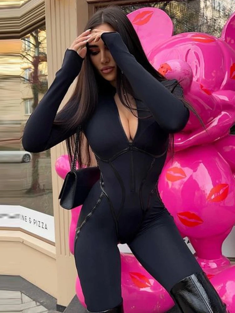 Sibybo skórzane szwy kombinezon zimowy kobiety zamek Slim Fit Monos Mujer Elegante Manga Larga Street Casual Combinaison Stitch — zdjęcie 3
