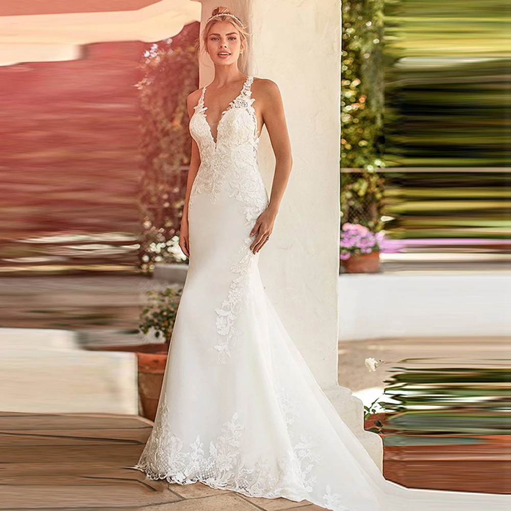 Abito da sposa a sirena Boho senza maniche con scollo a v di lusso per le donne 2022 Appliques di pizzo aperto sul retro lunghezza del pavimento abito da sposa su misura