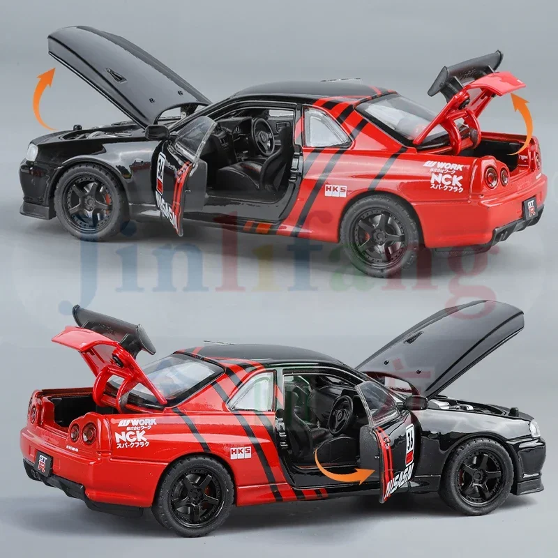 Nissan gtr r34-子供用の空のおもちゃの車,ダイキャスト合金,音と光,収集品,誕生日プレゼント,1:32