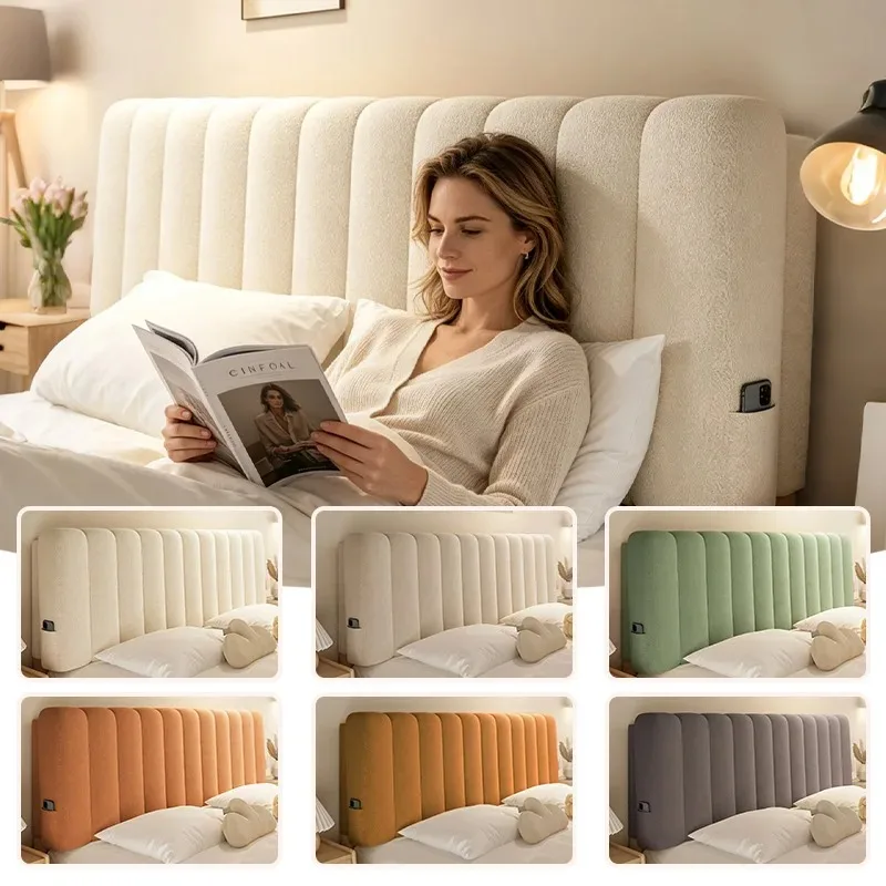Cream Style Teddy Velvet Bed Backrest Cushion Removable Washable Soft Headboard Pillow Rectangle Bed Head Padding for Bedroom
