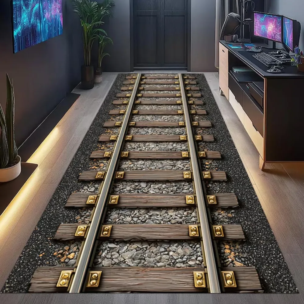 3D-Zugstrecke, Teppich, Matte, Teppich, realistisches Eisenbahnmuster, rutschfeste Heimdekoration für Wohnzimmer, Schlafzimmer, Wohnzimmer, Dekoration