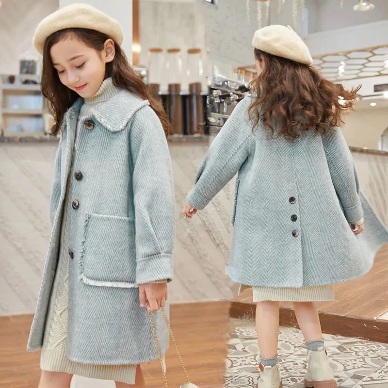 Autumn Girls Woolen Dress Jacket with Pockets Kids Button Lapel Lining Long Coat for Girls Blue Beige Elegant Trench Coat 6-14