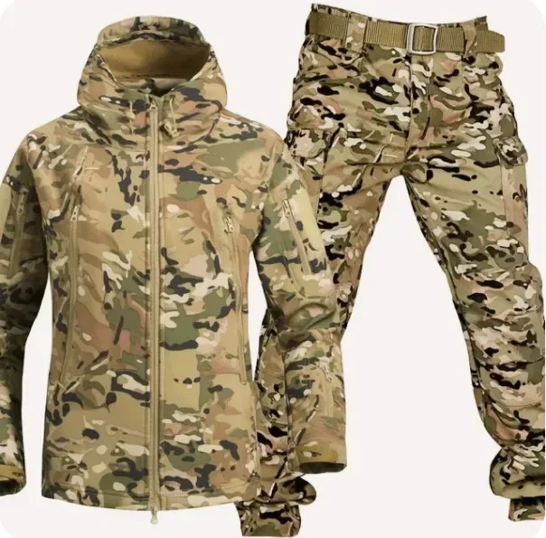 2024 RU Camo Tactical Sets Men Winter Shark Skin Soft Shell Jackets+Multi-pocket Cargo Pants 2 Pcs Suits Waterproof Fleece Set