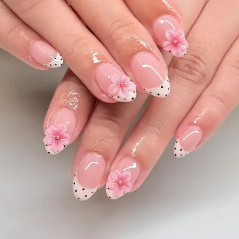 24pcs Short Oval 3D Gel Nail,  Flower Nail Art French Acrylic Press-On Nails