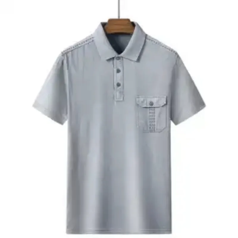 Casual Middle Aged Men Summer Washed Cotton Solid Crew Neck Pocket Loose Short Sleeve T Shirt Daily Dad Tops S-4XL