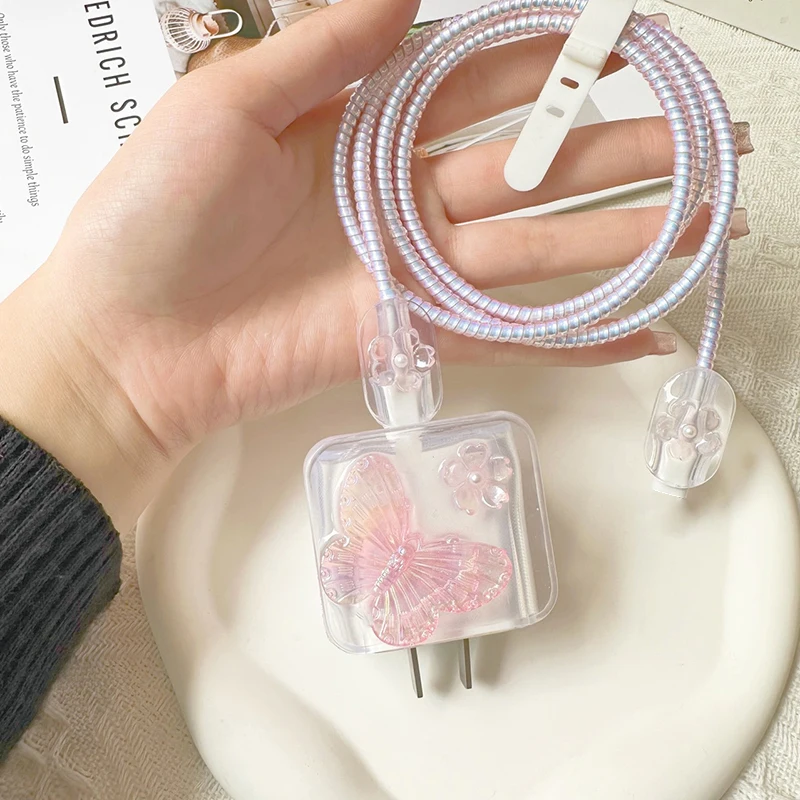 Cute 3D Peach Heart Bowknot Glitter Epoxy USB Cable Protector Cover For IPhone 18W-20W Data Line Head Cord Fast Charging Case