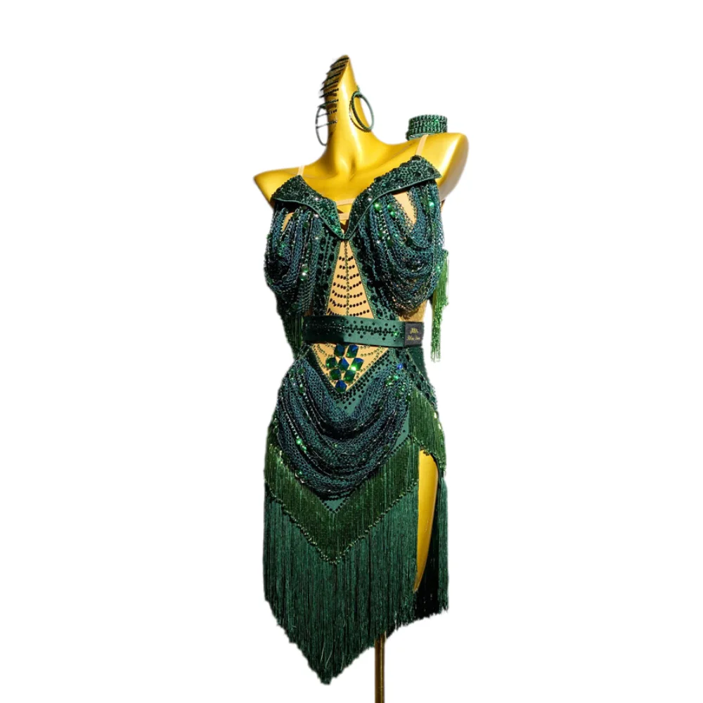 

Latin Dance AB Stone Female Adult Children'S High End Customized Jadeite Green Tassel Dress Black Pool Samba Jumpsuit
