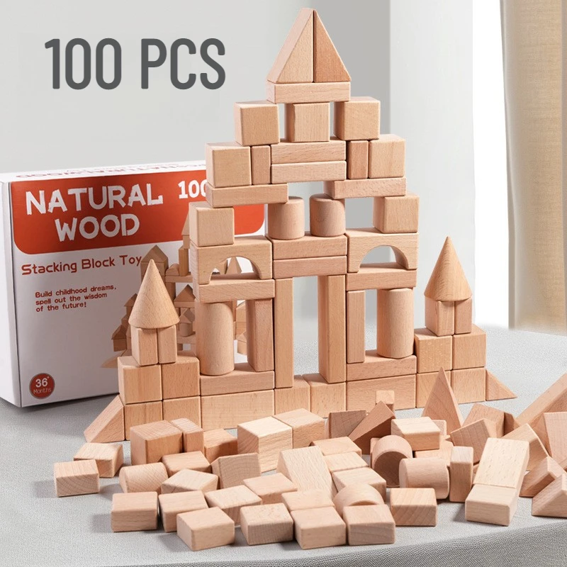 

100PCS Natural Wood Building Blocks Smooth Stacking Building Block Toy Montessori Educational Construction Toys Kids Gifts