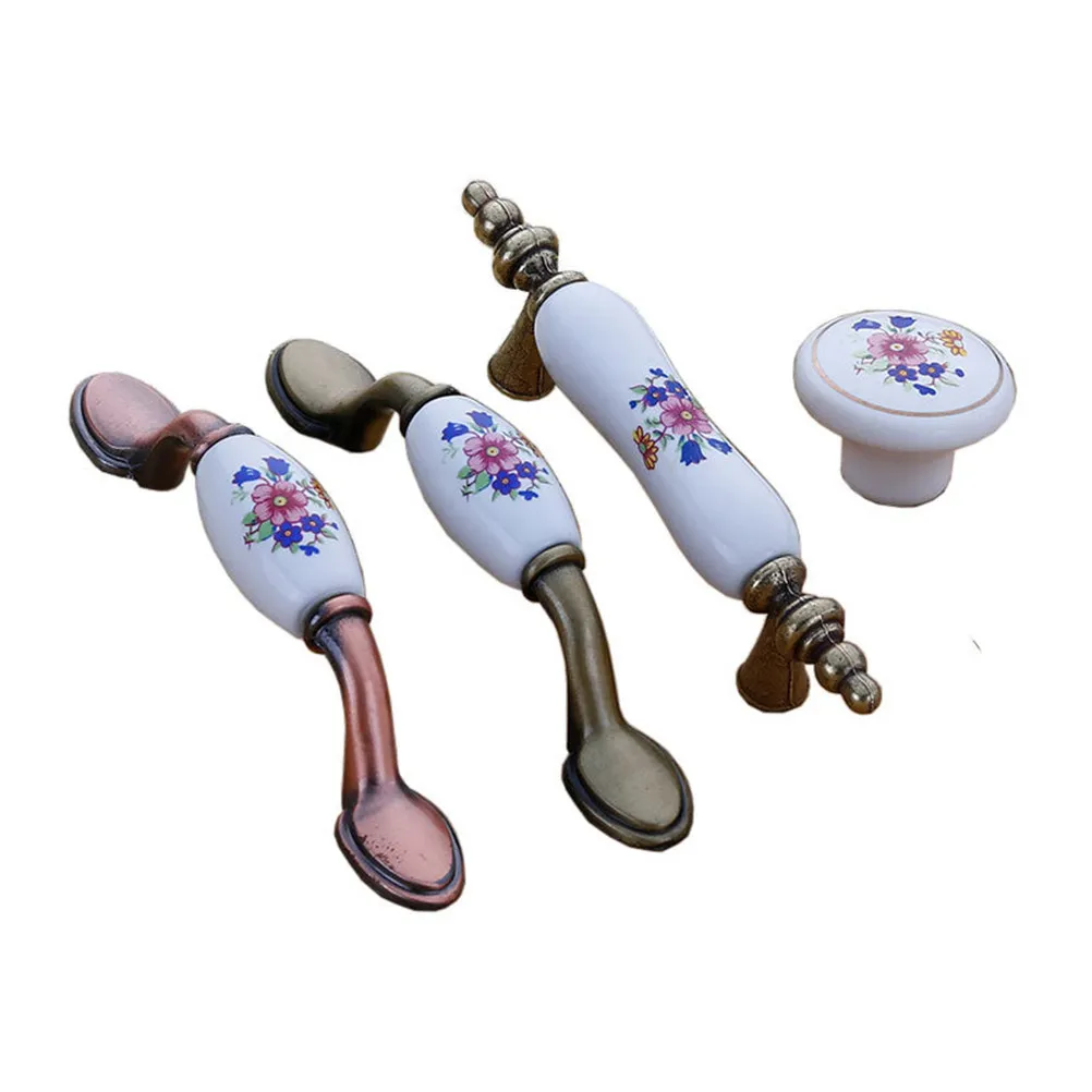 2Pcs Modern Ceramic Cabinet Pull Handle Zinc Alloy Retro Orchid Design Easy Install No Hand Damage for Drawer