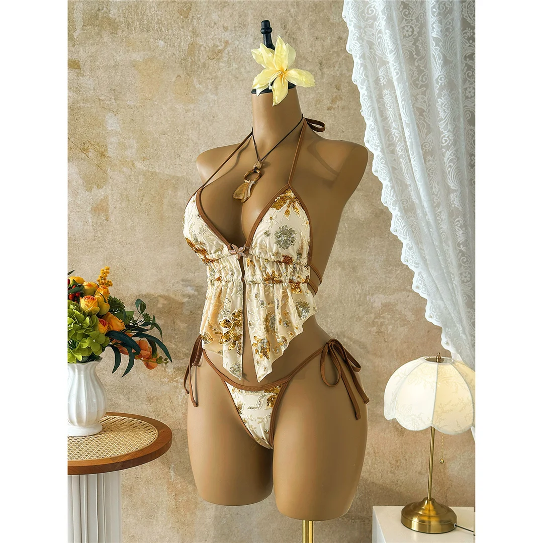 Glitzer-Pailletten-Bedruckter Tankini-Neckholder-Bikini Damen-Badeanzug Zweiteiliger Bikini-Set Badebekleidung Badeanzug Schwimmen V8067 – Detail 7