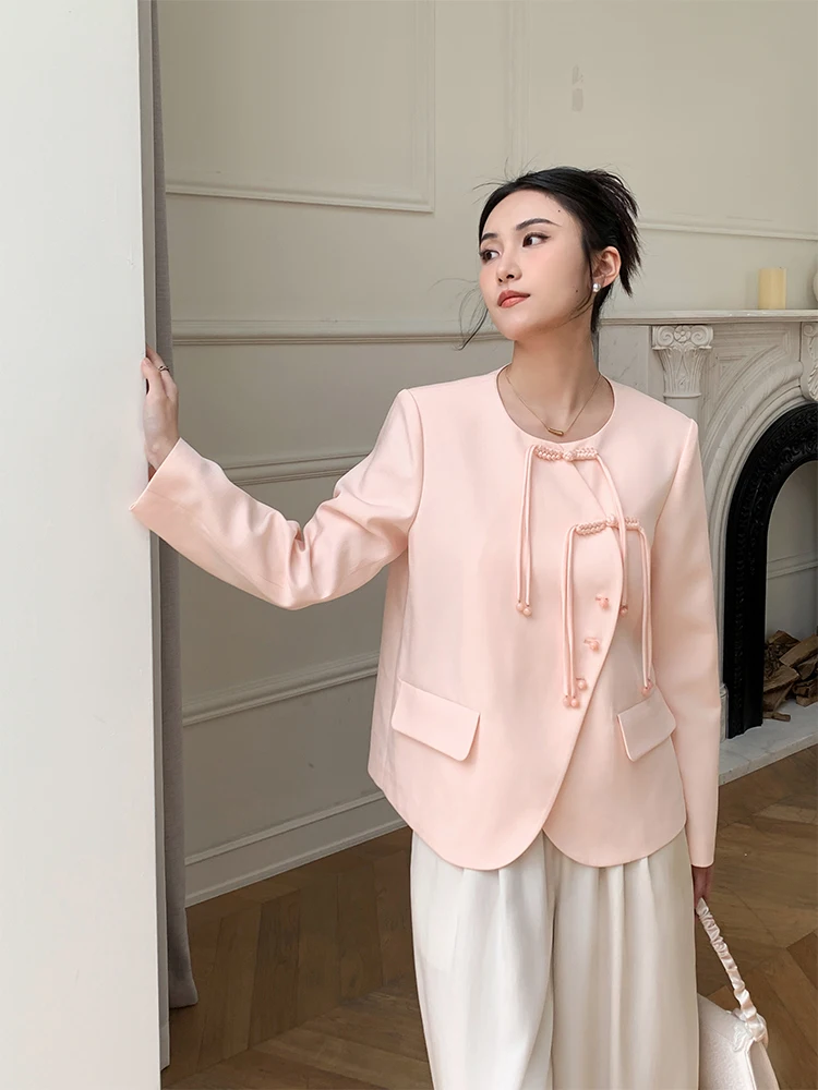 

Original Design Chinese Sle Women's Suit Jaet Commute Versatile Top Long Sve round Ne Pure Color Single Button